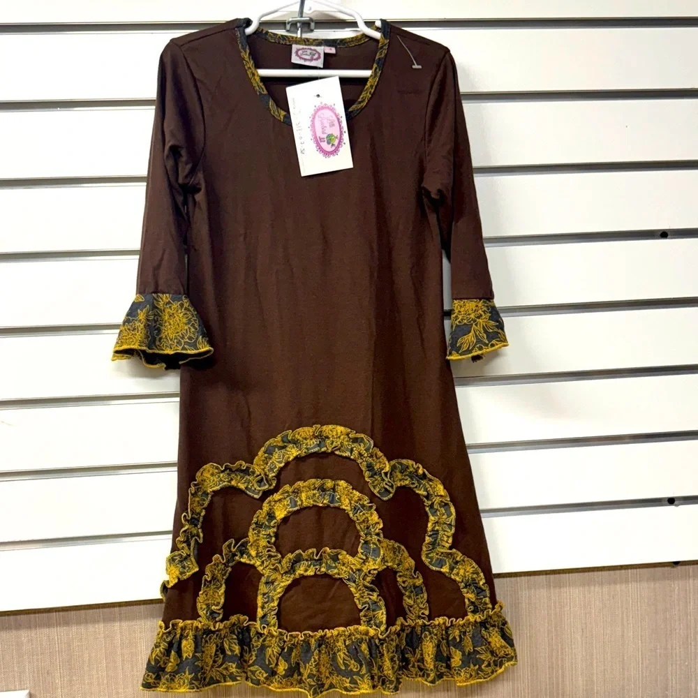 Lillilovebird‎ Brown and yellow ruffle dress long sleeve size girls 8